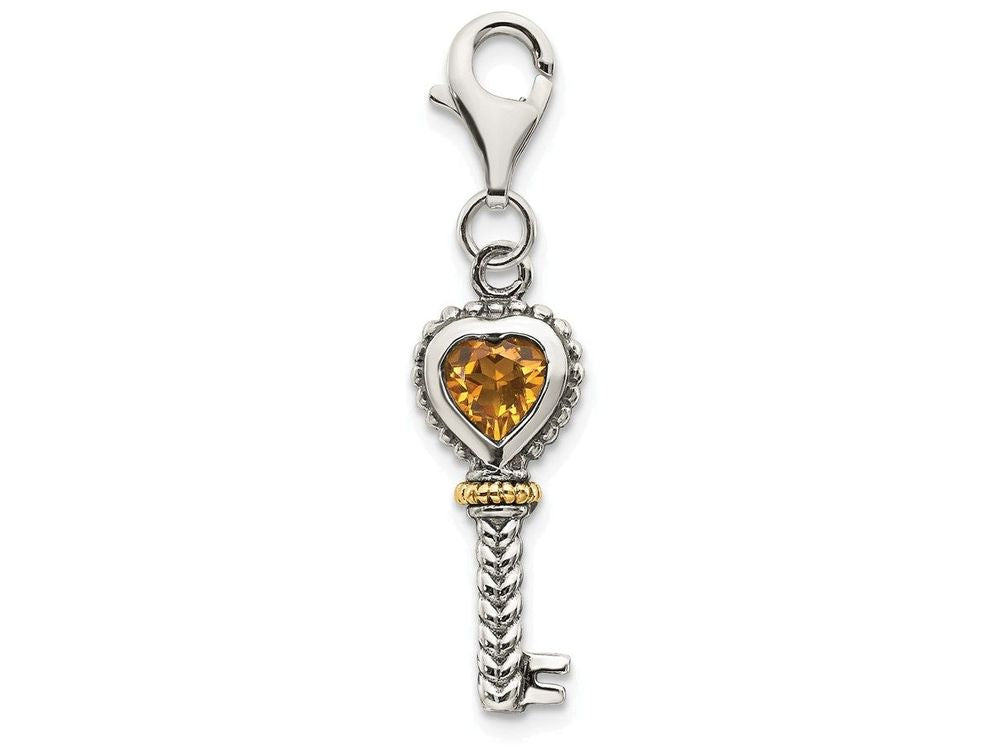 Sterling Silver With 14k Citrine Antiqued Key With Lobster Clasp Charm