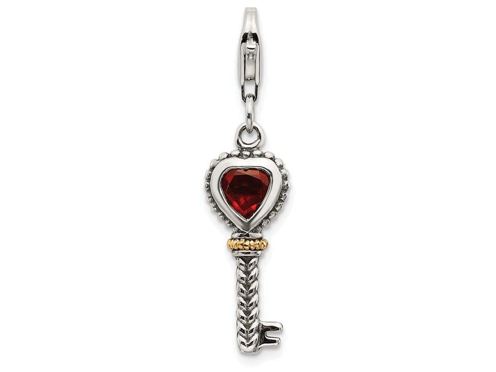 Sterling Silver With 14k Garnet Antiqued Key With Lobster Clasp Charm