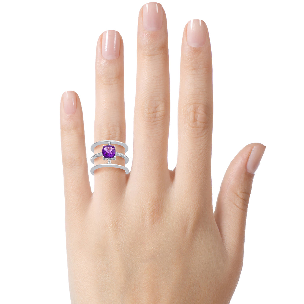 FJC Finejewelers Sterling Silver 3 Triple Band Ring with 7mm Amethyst Cushion-Cut
