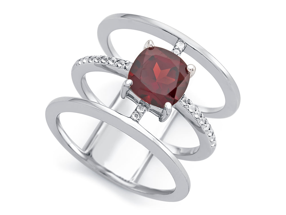 FJC Finejewelers Sterling Silver 3 Triple Band Ring with 7mm Garnet Cushion-Cut