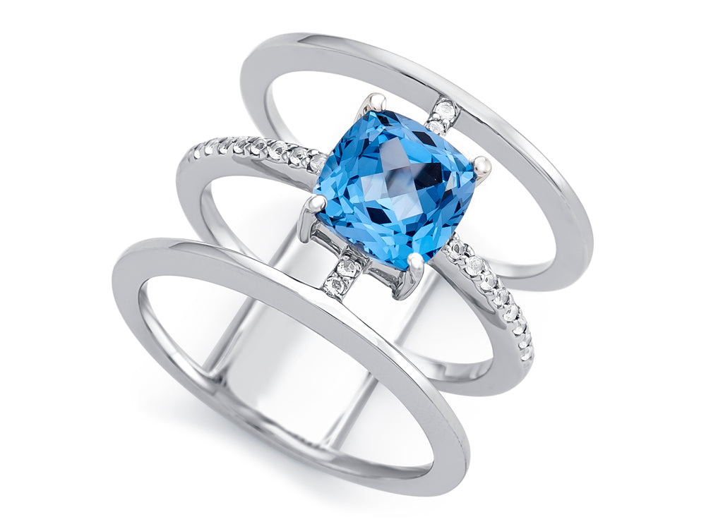 FJC Finejewelers Sterling Silver 3 Triple Band Ring with 7mm Simulated Aquamarine Cushion-Cut