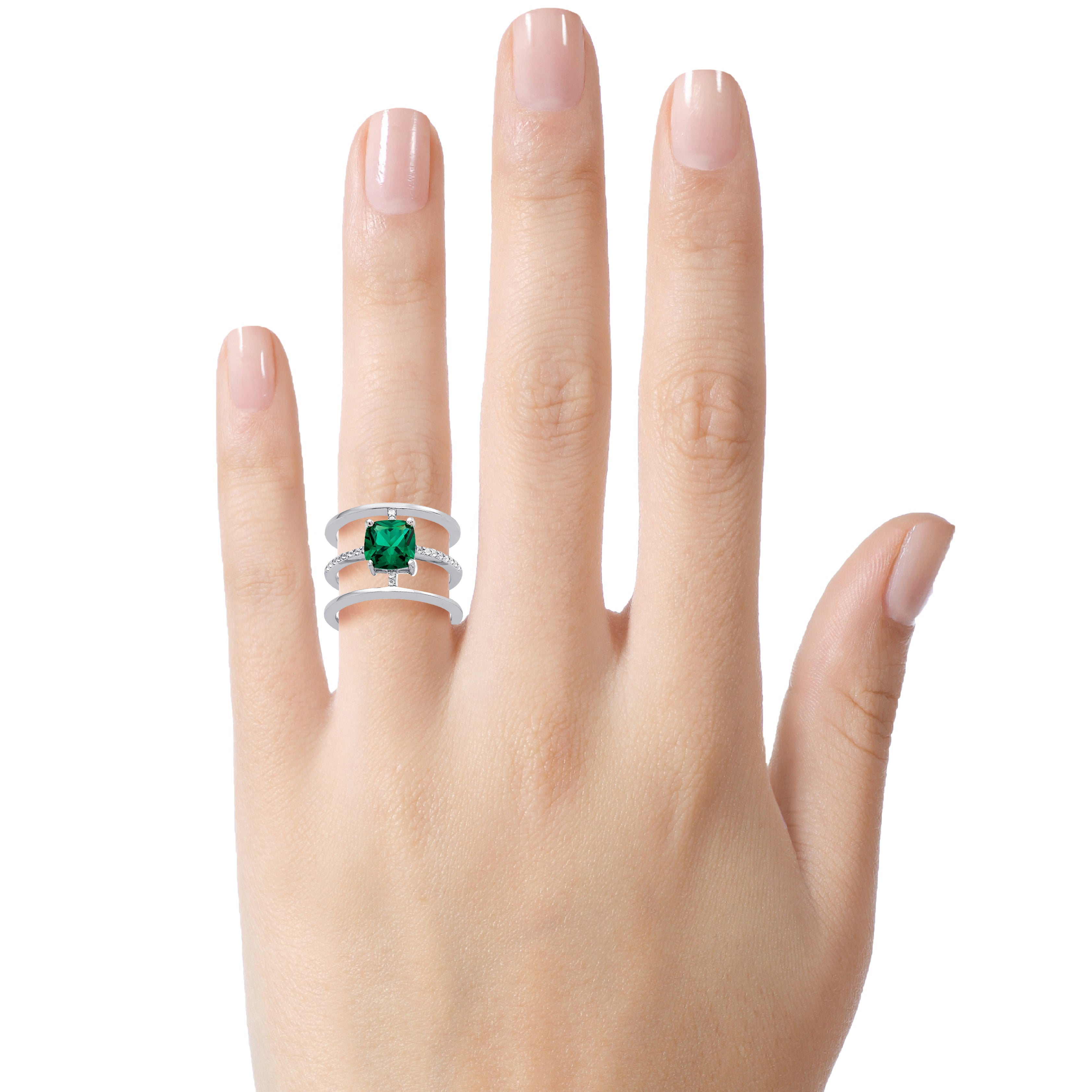 FJC Finejewelers Sterling Silver 3 Triple Band Ring with 7mm Simulated Emerald Cushion-Cut