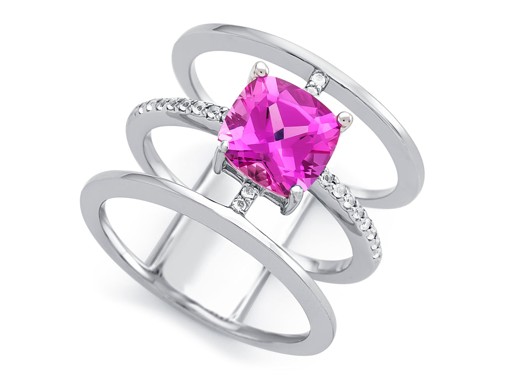 FJC Finejewelers Sterling Silver 3 Triple Band Ring with 7mm Created Pink Sapphire Cushion-Cut