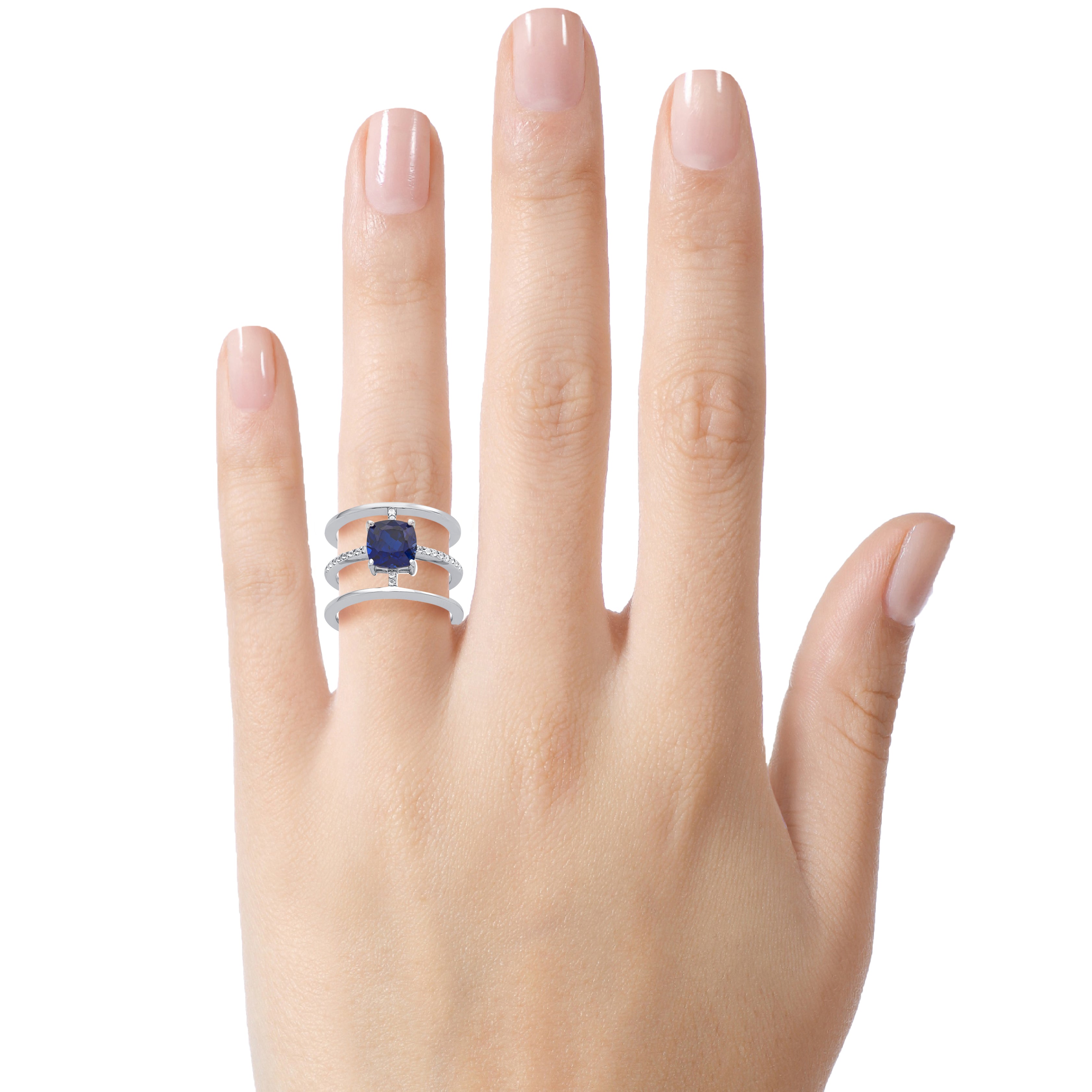 FJC Finejewelers Sterling Silver 3 Triple Band Ring with 7mm Created Blue Sapphire Cushion-Cut