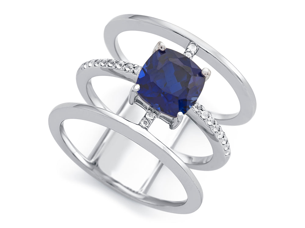 FJC Finejewelers Sterling Silver 3 Triple Band Ring with 7mm Created Blue Sapphire Cushion-Cut