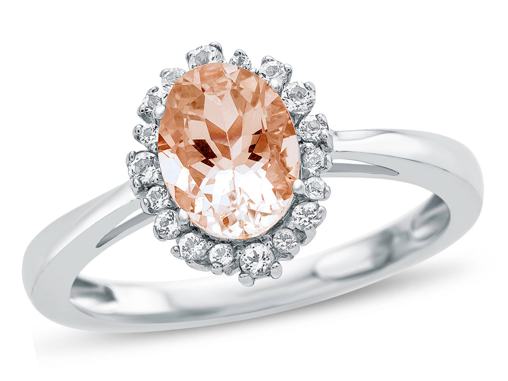 FJC Finejewelers 10k White Gold 8x6mm Genuine Morganite with White Topaz accent stones Halo Ring