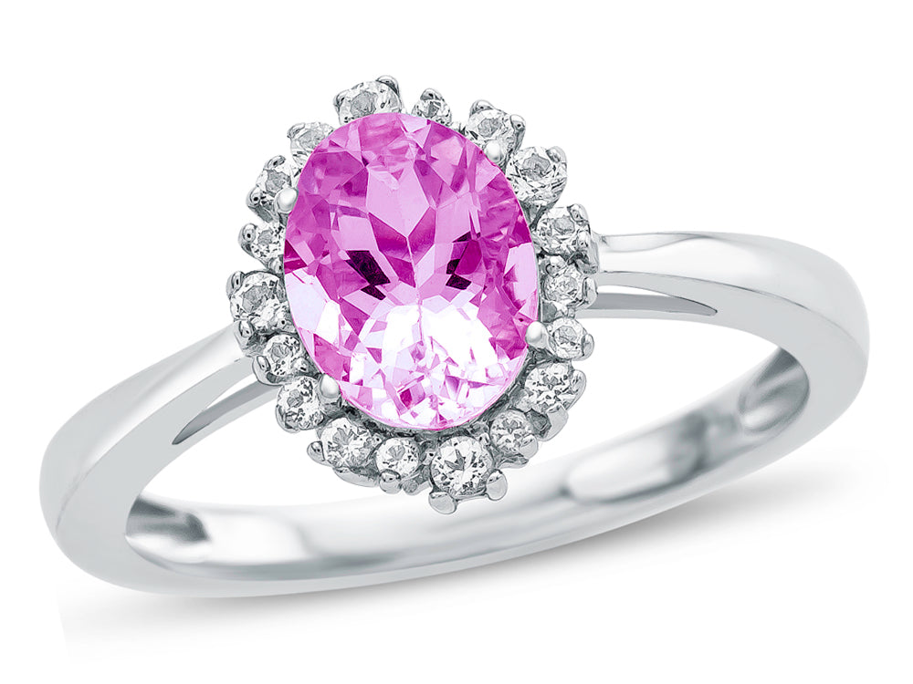 FJC Finejewelers 10k White Gold 8x6mm Oval Created Pink Sapphire with White Topaz accent stones Halo Ring