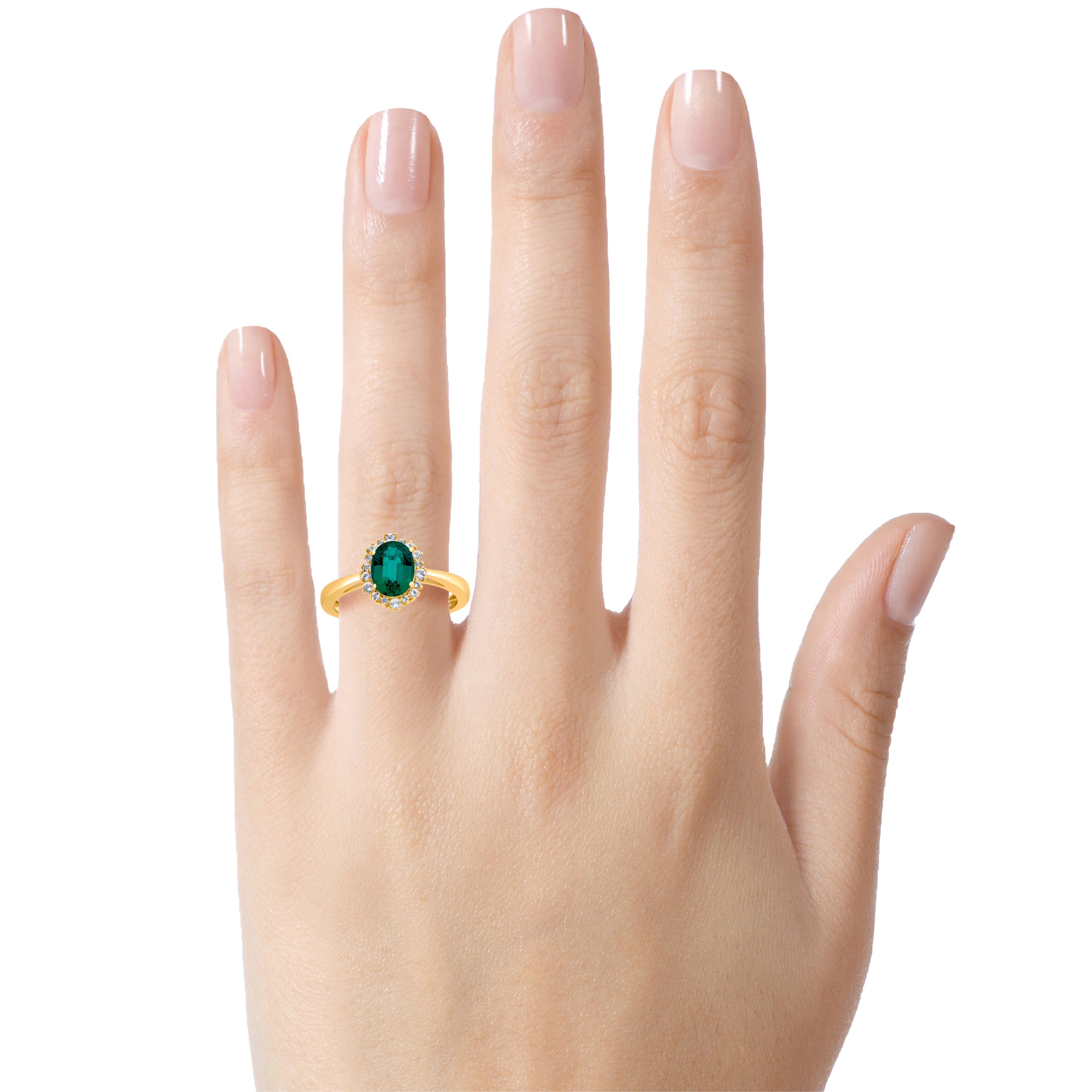FJC Finejewelers 10k Yellow Gold 8x6mm Oval Created Emerald with White Topaz accent stones Halo Ring