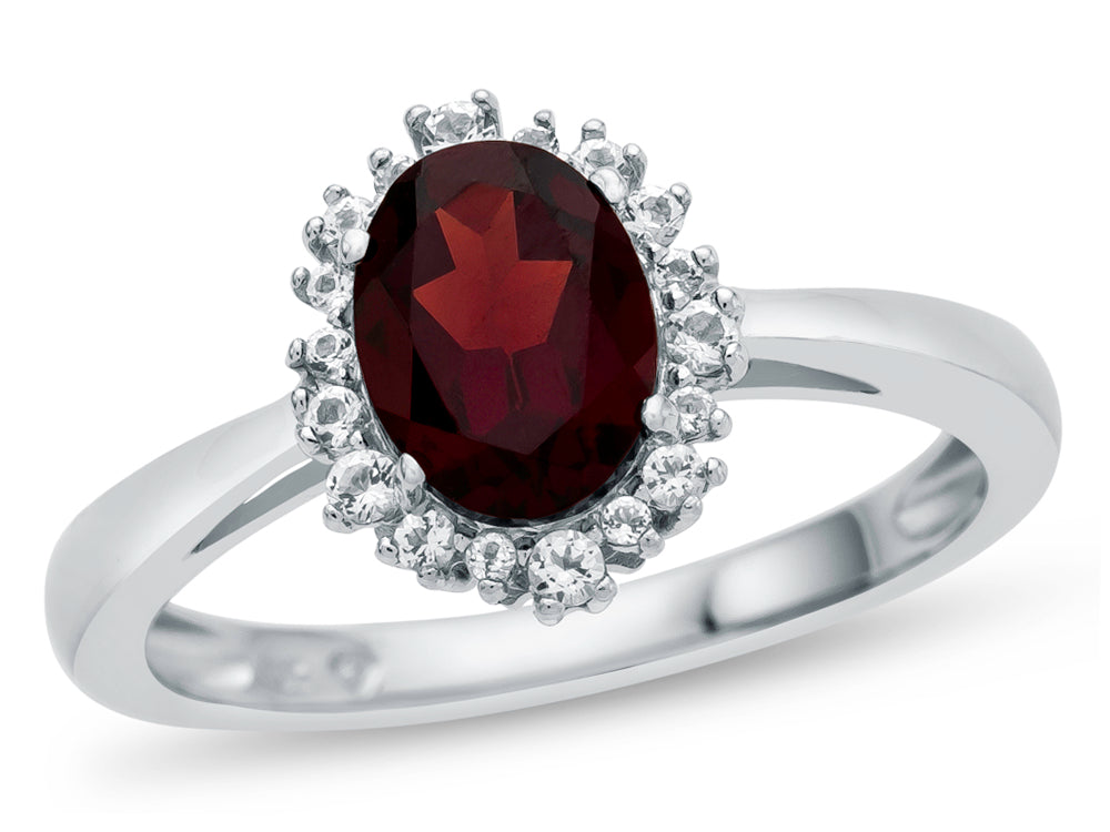 FJC Finejewelers 10k White Gold 8x6mm Oval Garnet with White Topaz accent stones Halo Ring