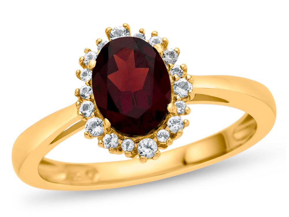 FJC Finejewelers 10k Yellow Gold  8x6mm Oval Garnet with White Topaz accent stones Halo Ring
