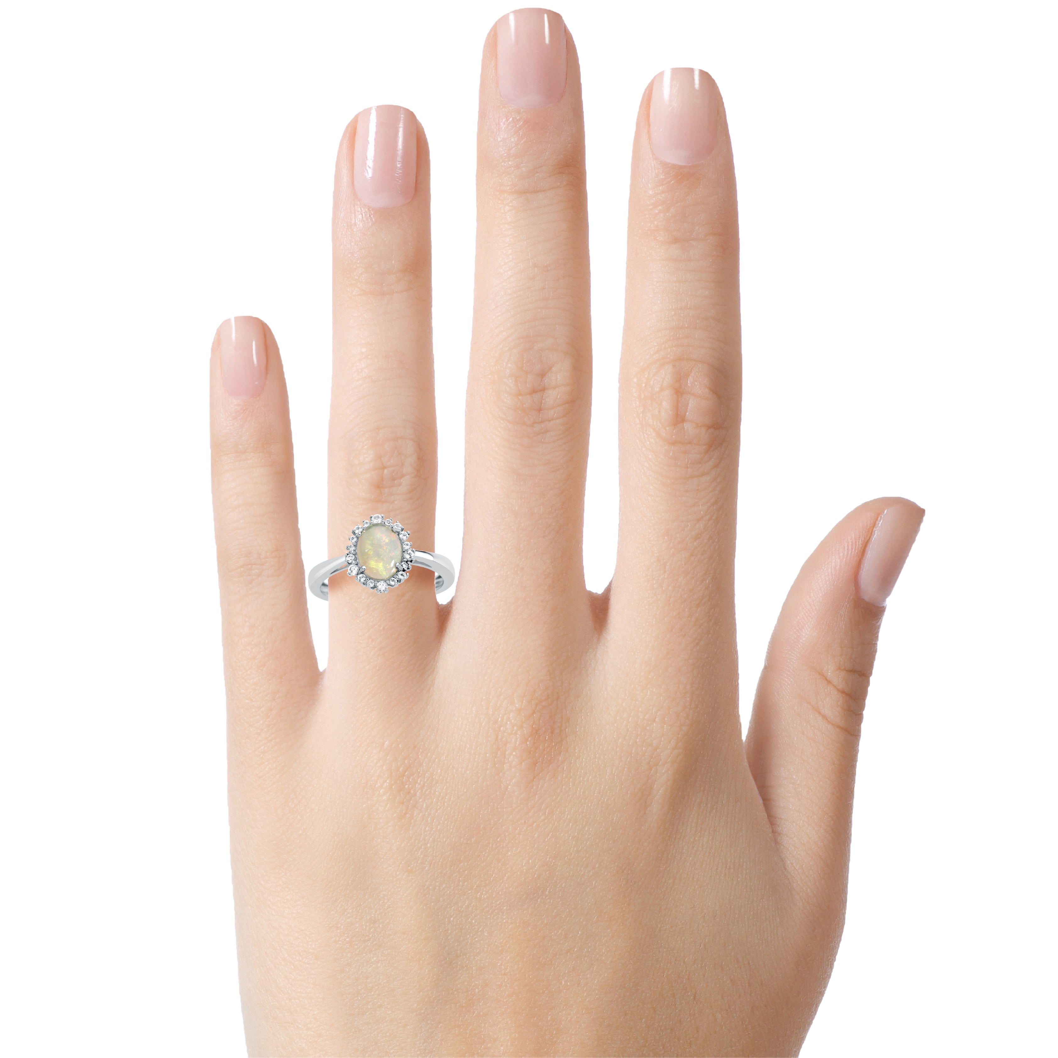 FJC Finejewelers 10k White Gold 8x6mm Oval Opal with White Topaz accent stones Halo Ring