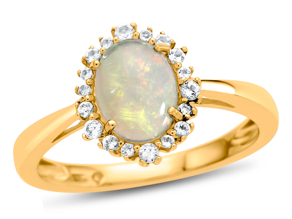 FJC Finejewelers 10k Yellow Gold 8x6mm Oval Opal with White Topaz accent stones Halo Ring