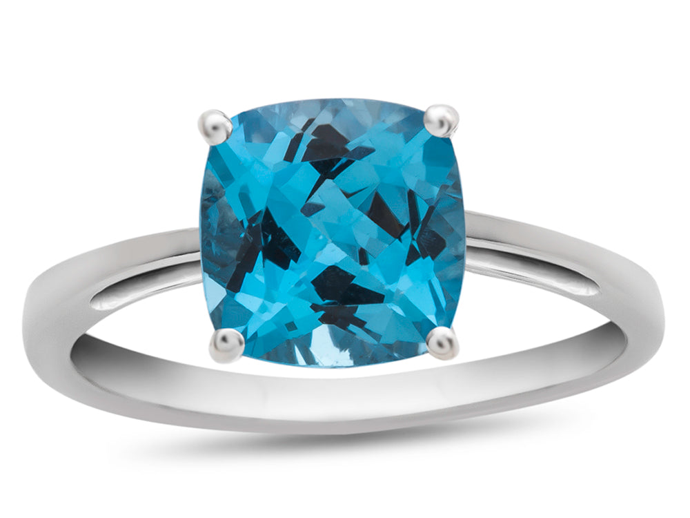 FJC Finejewelers 10k White Gold 7mm Solitaire Cushion-Cut Swiss Blue Topaz Ring