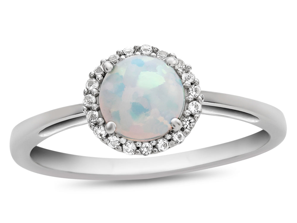 FJC Finejewelers 10k White Gold 6mm Round Created Opal with White Topaz accent stones Halo Ring