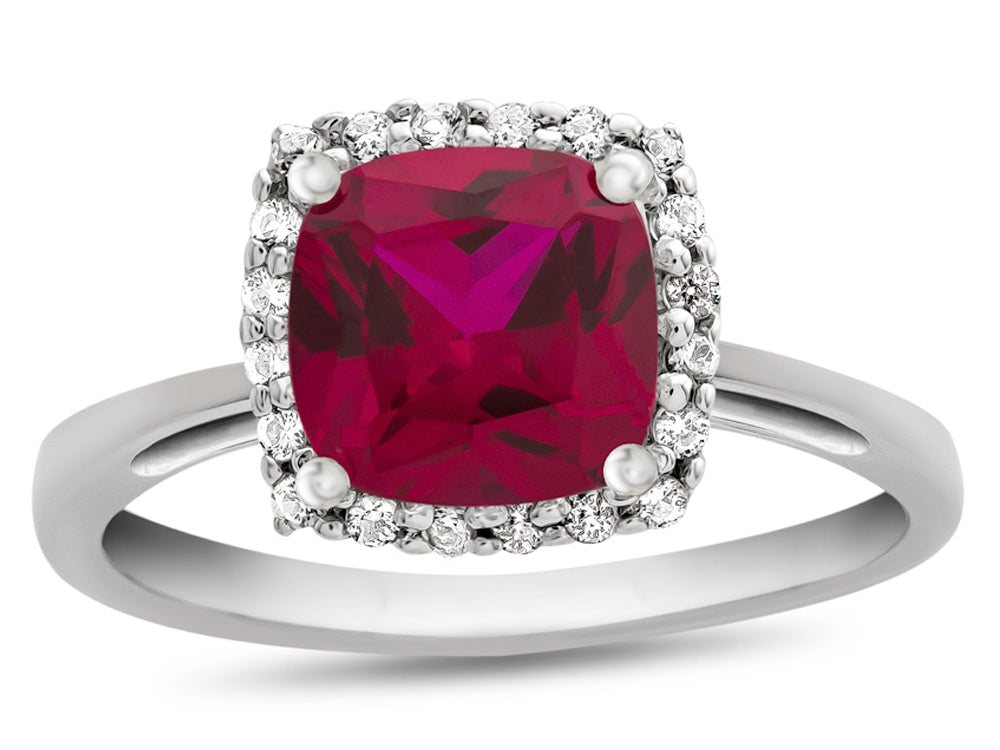 FJC Finejewelers 10k White Gold 6mm Cushion-Cut Created Ruby with White Topaz accent stones Halo Ring