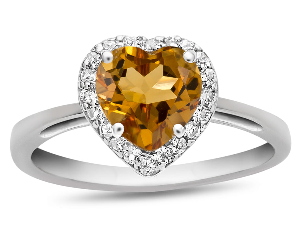 FJC Finejewelers 10k White Gold 6mm Heart Shaped Citrine with White Topaz accent stones Halo Ring