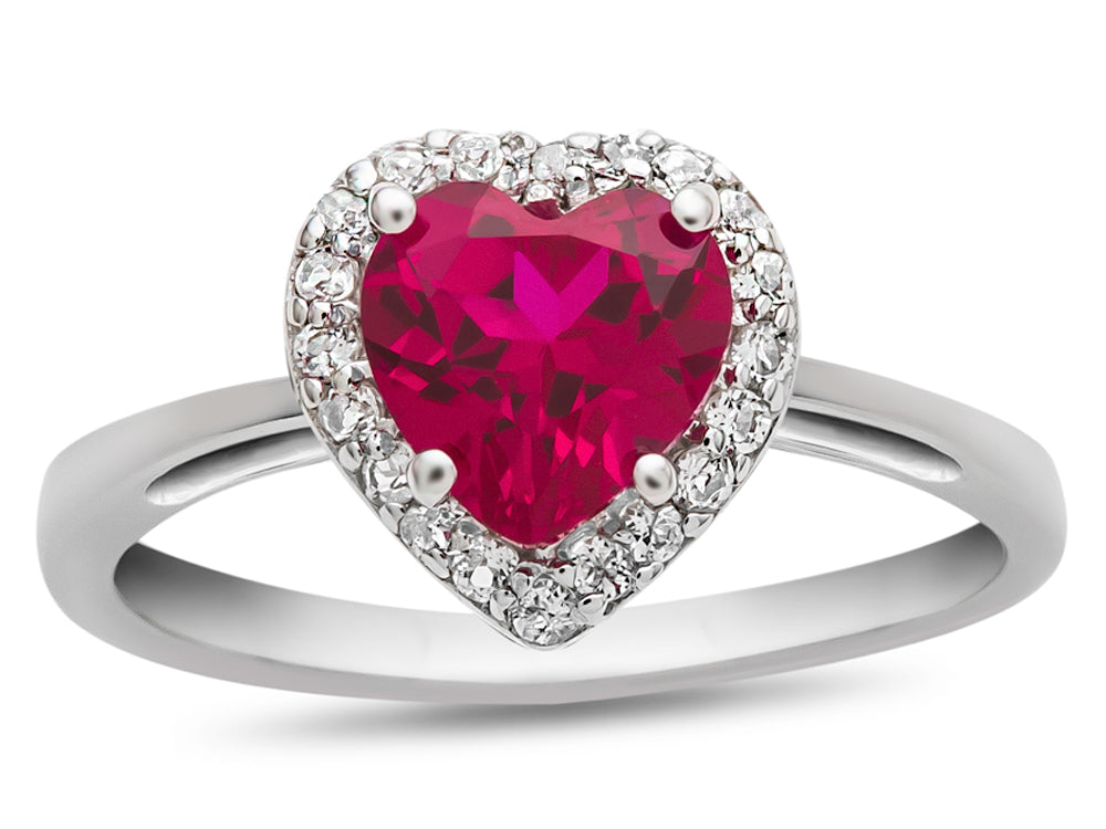 FJC Finejewelers 10k White Gold 6mm Heart Shaped Created Ruby with White Topaz accent stones Halo Ring