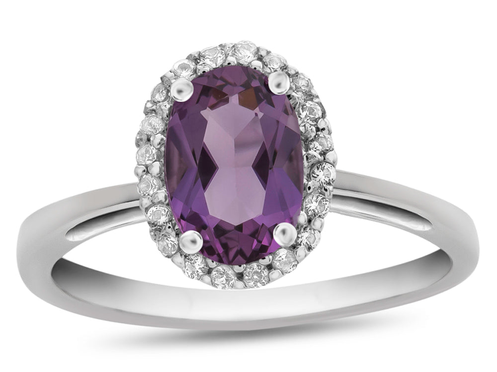 FJC Finejewelers 10k White Gold 7x5mm Oval Amethyst with White Topaz accent stones Halo Ring