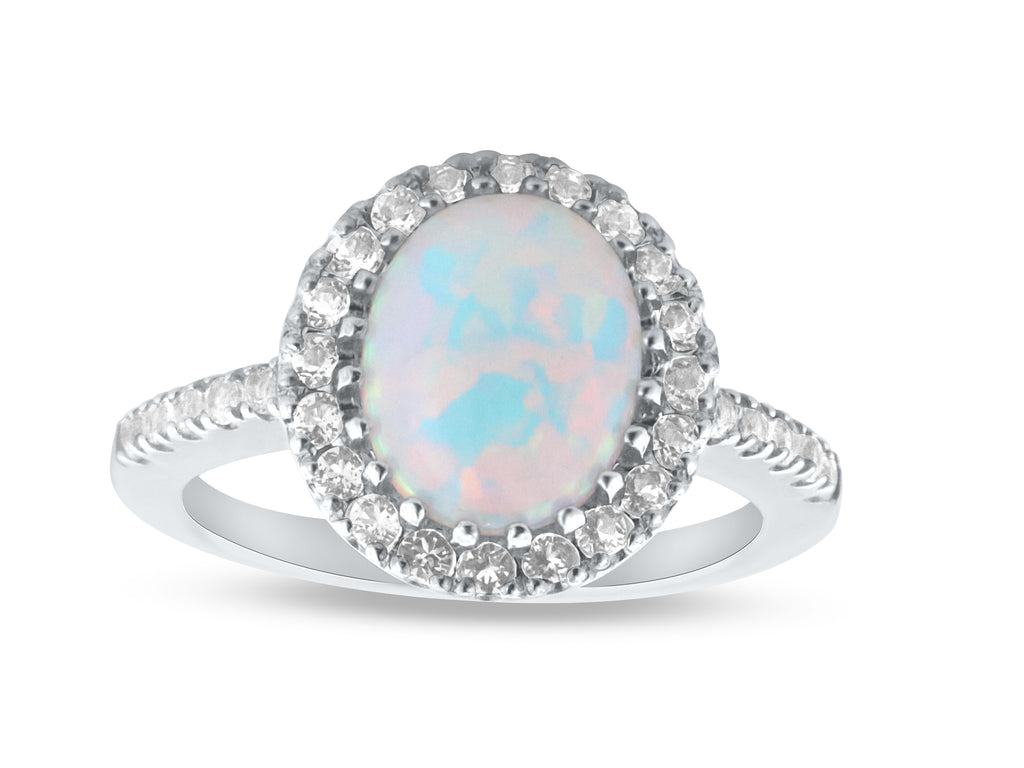 FJC Finejewelers Sterling Silver 2.35 cttw 8x10mm Oval Created Opal and White Topaz accent stones Halo Ring