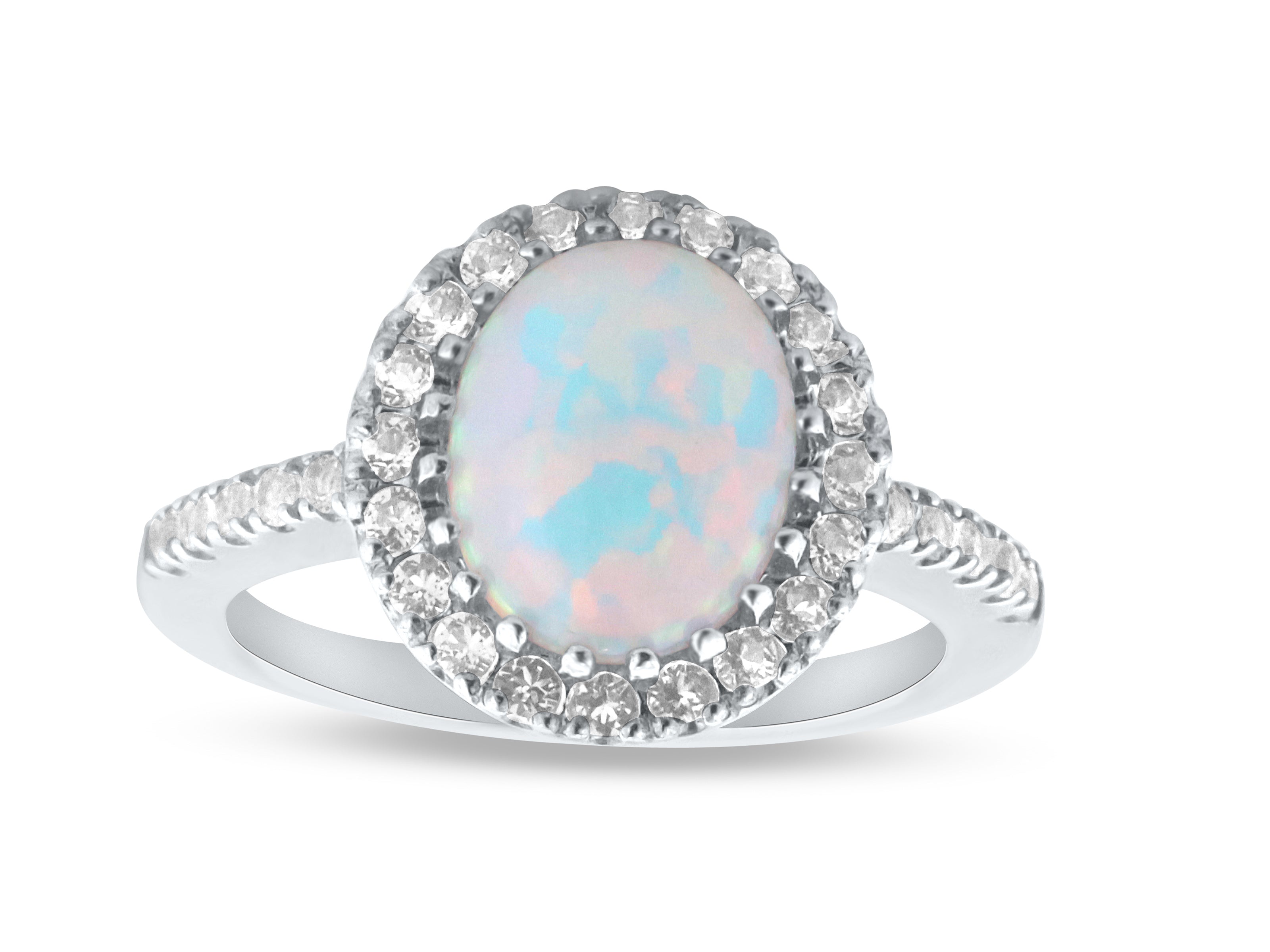 FJC Finejewelers Sterling Silver 2.35 cttw 8x10mm Oval Created Opal and White Topaz accent stones Halo Ring