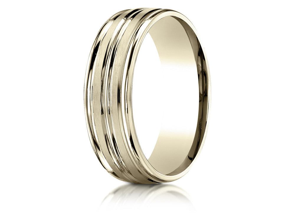 Benchmark 18k Gold 7mm Comfort-fit Satin-finished High Polished Center Trim And Round Edge Wedding Band Ring