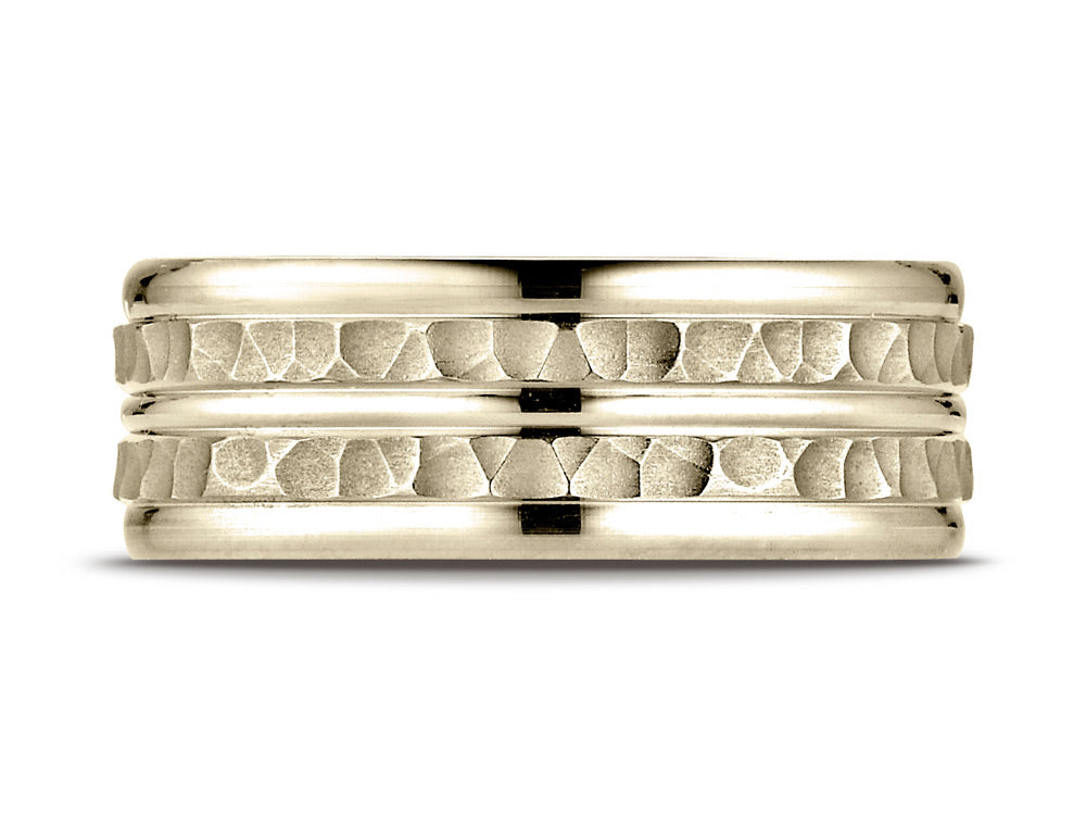 Benchmark 14k Gold 8mm Comfort-fit Hammer-finished Polished Center Trim Round Edge Wedding Band Ring