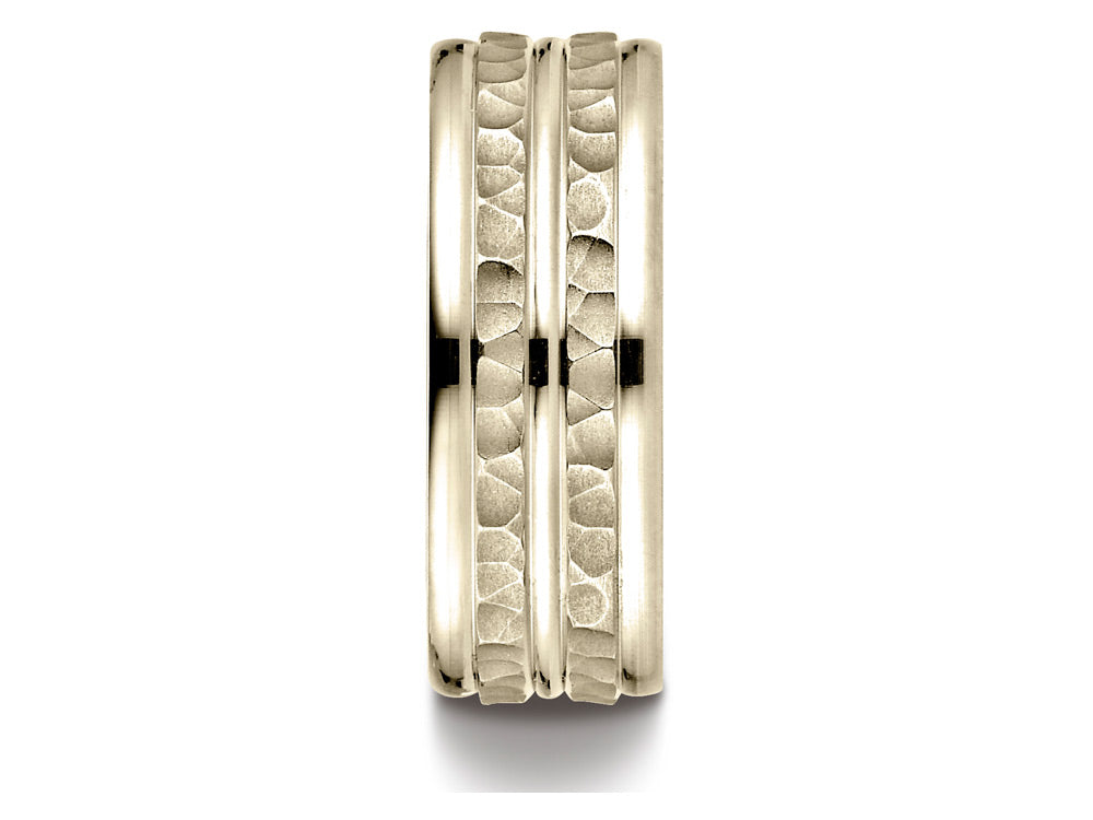 Benchmark 14k Gold 8mm Comfort-fit Hammer-finished Polished Center Trim Round Edge Wedding Band Ring