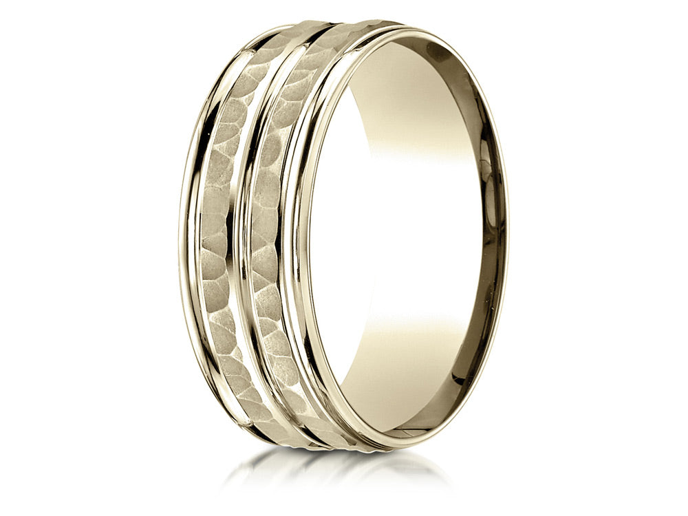 Benchmark 14k Gold 8mm Comfort-fit Hammer-finished Polished Center Trim Round Edge Wedding Band Ring