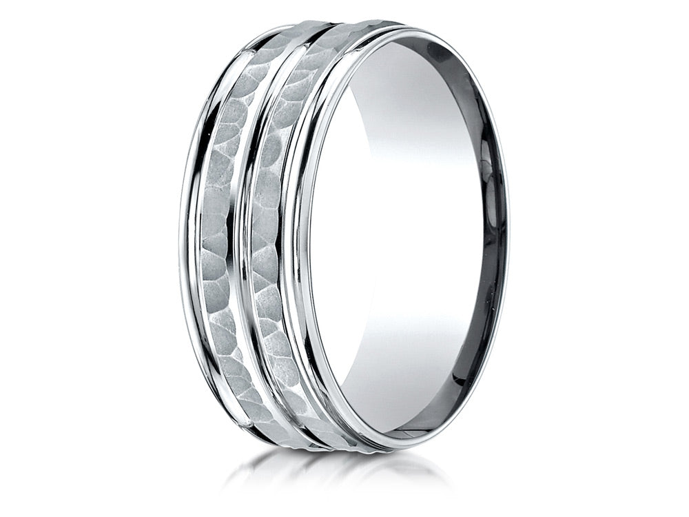 Benchmark 10k Gold 8mm Comfort-fit Hammer-finished Polished Center Trim Round Edge Wedding Band Ring