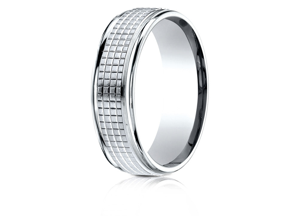 Benchmark 10 Karat Gold 7mm Comfort-fit High Polish Round Edge Cross Hatch Center Design Wedding Band Ring
