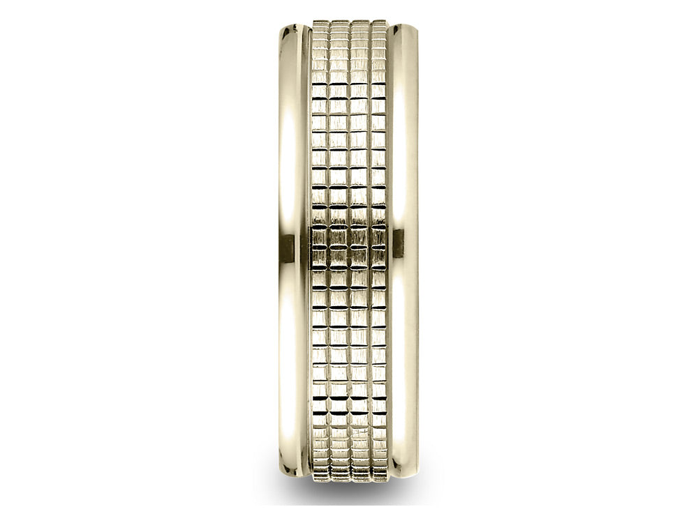 Benchmark 18 Karat Gold 7mm Comfort-fit High Polish Round Edge Cross Hatch Center Design Wedding Band Ring