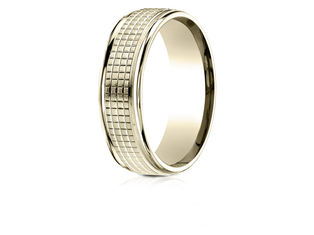 Benchmark 18 Karat Gold 7mm Comfort-fit High Polish Round Edge Cross Hatch Center Design Wedding Band Ring