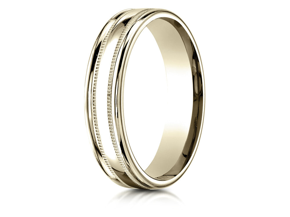 Benchmark 14k Gold 4mm Comfort-fit High Polished Finish With A Round Edge And Milgrain Carved Design Wedding Band Ring