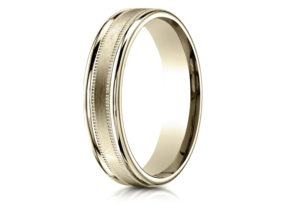 Benchmark 14k Gold 4mm Comfort-fit Satin Finish Center With A Round Edge And Milgrain Carved Design Wedding Band Ring