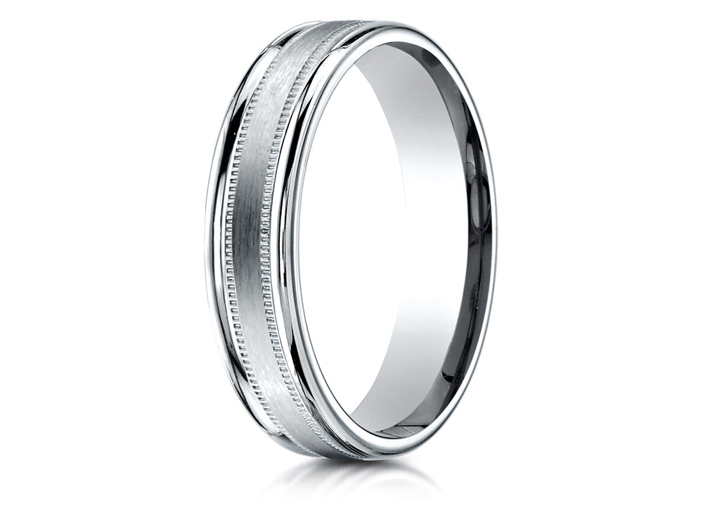 Benchmark 18k Gold 4mm Comfort-fit Satin Finish Center With A Round Edge And Milgrain Carved Design Wedding Band Ring
