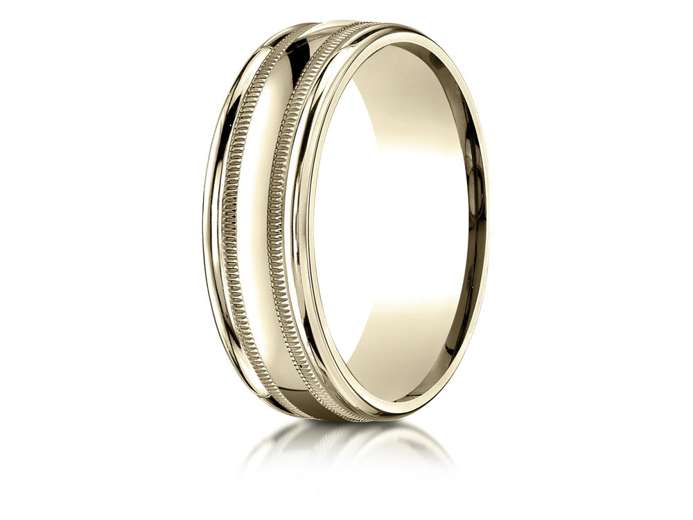 Benchmark 14k Gold 7mm Comfort-fit High Polished With Milgrain Round Edge Carved Design Wedding Band Ring