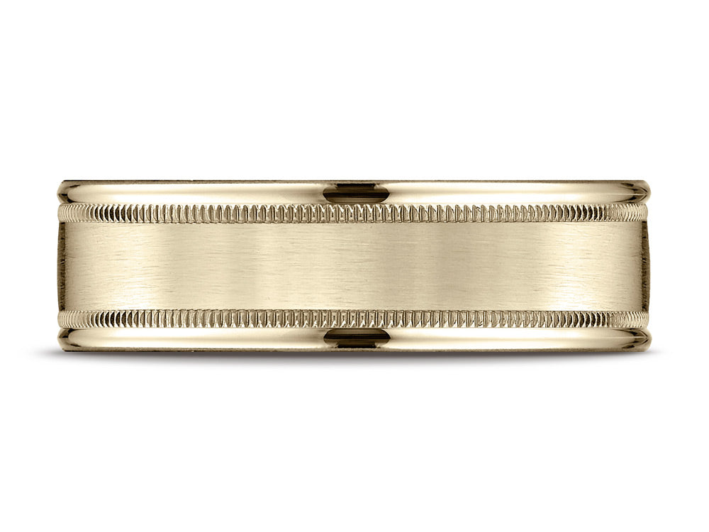 Benchmark 14k Gold 7mm Comfort-fit Satin Finish Center With Milgrain Round Edge Carved Design Wedding Band Ring