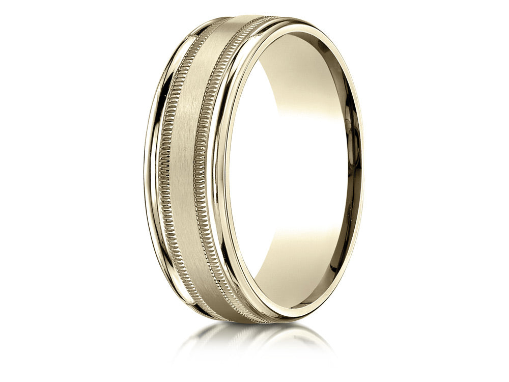 Benchmark 10k Gold 7mm Comfort-fit Satin Finish Center With Milgrain Round Edge Carved Design Wedding Band Ring