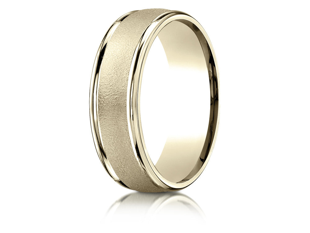 Benchmark 18k Gold 7mm Comfort-fit Wired-finished High Polished Round Edge Carved Design Wedding Band Ring