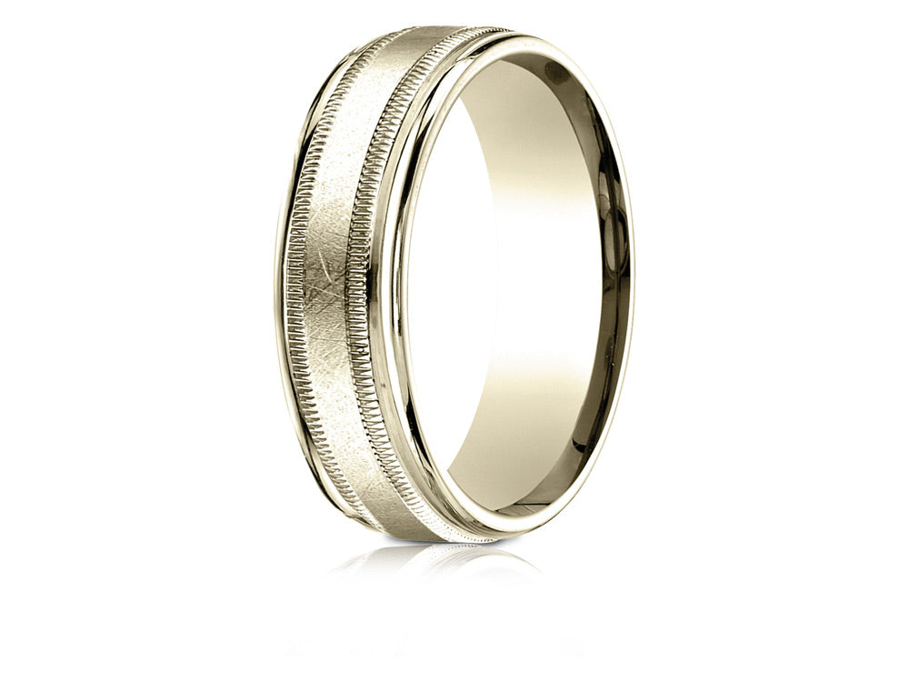 Benchmark 18k Gold 7mm Comfort-fit Swirl Finish Center Milgrain Round Edge Carved Design Wedding Band Ring
