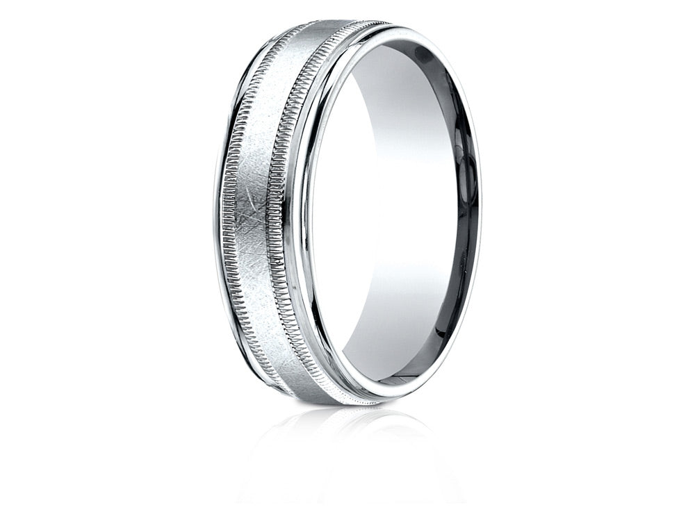 Benchmark 18k Gold 7mm Comfort-fit Swirl Finish Center Milgrain Round Edge Carved Design Wedding Band Ring