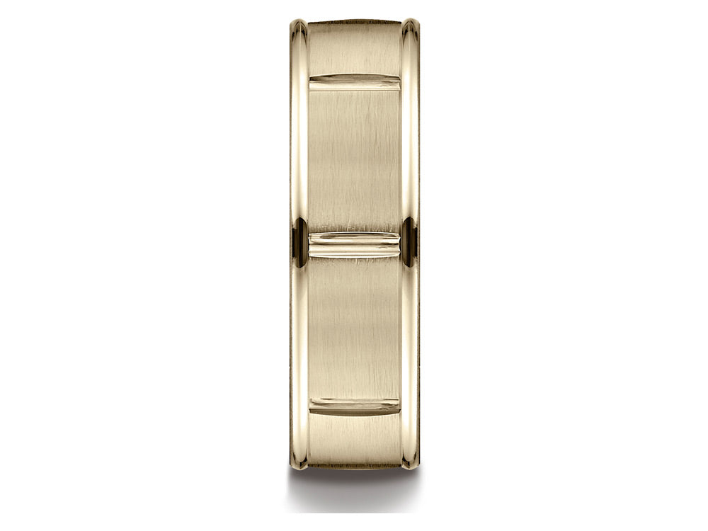 Benchmark 14k Gold 7mm Comfort-fit Satin 8 High Center Cuts Round Edge Design Wedding Band Ring