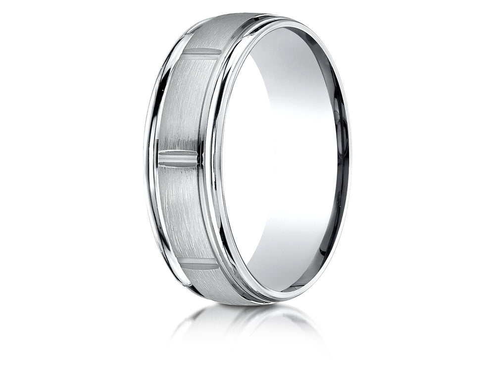 Benchmark 14k Gold 7mm Comfort-fit Satin 8 High Center Cuts Round Edge Design Wedding Band Ring