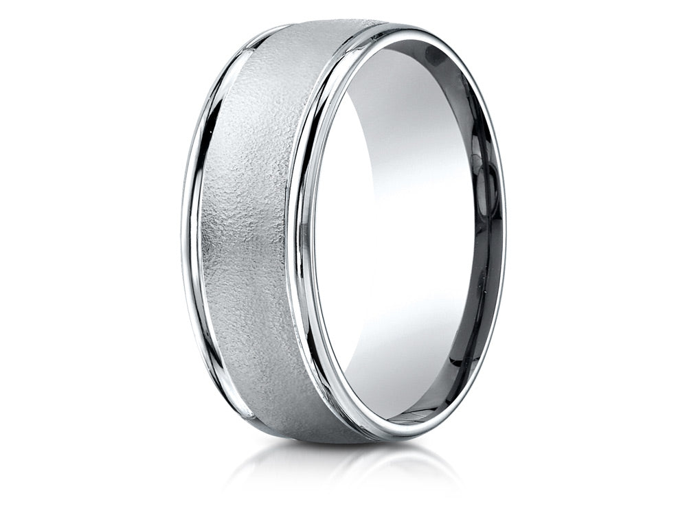 Benchmark 14k Gold 8mm Comfort-fit Wire Brush Finish High Polished Round Edge Carved Design Wedding Band Ring