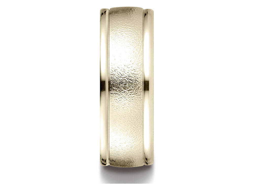 Benchmark 10k Gold 8mm Comfort-fit Wire Brush Finish High Polished Round Edge Carved Design Wedding Band Ring