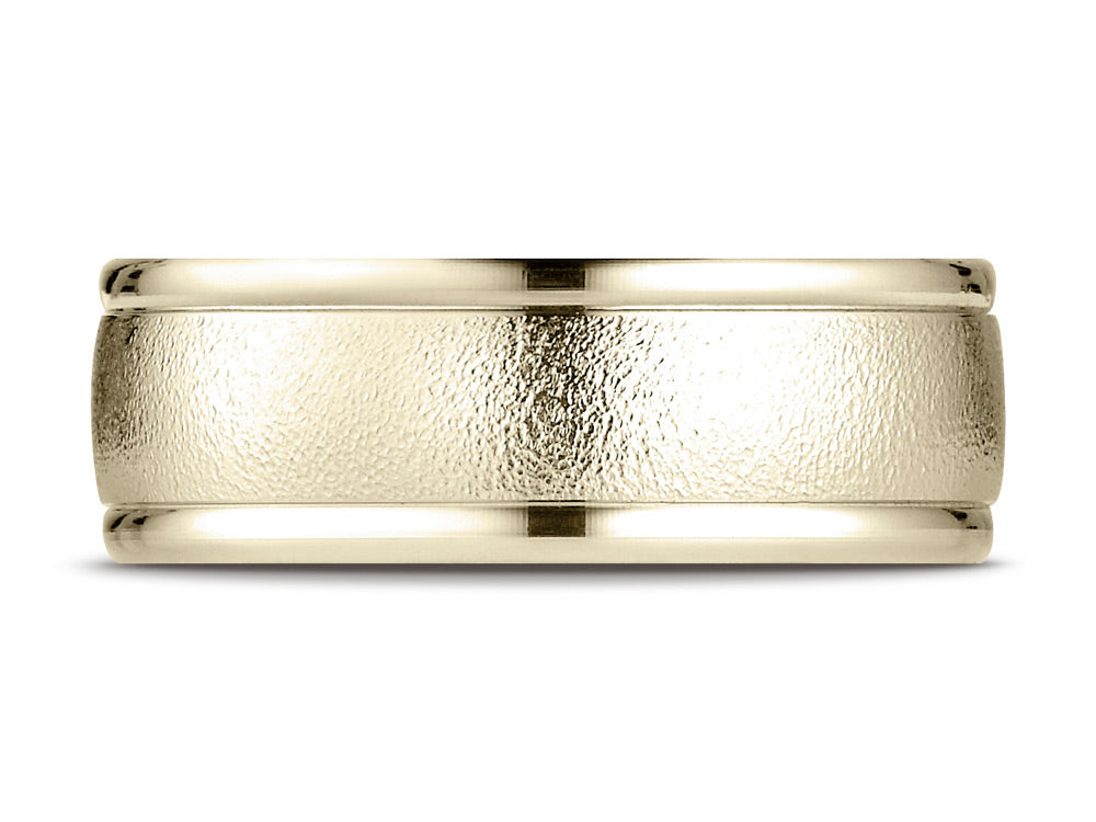Benchmark 18k Gold 8mm Comfort-fit Wire Brush Finish High Polished Round Edge Carved Design Wedding Band Ring