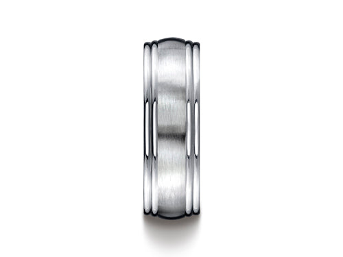 Benchmark 7.5mm Comfort-fit Satin-finished Double Round Edge Carved Design Wedding Band Ring