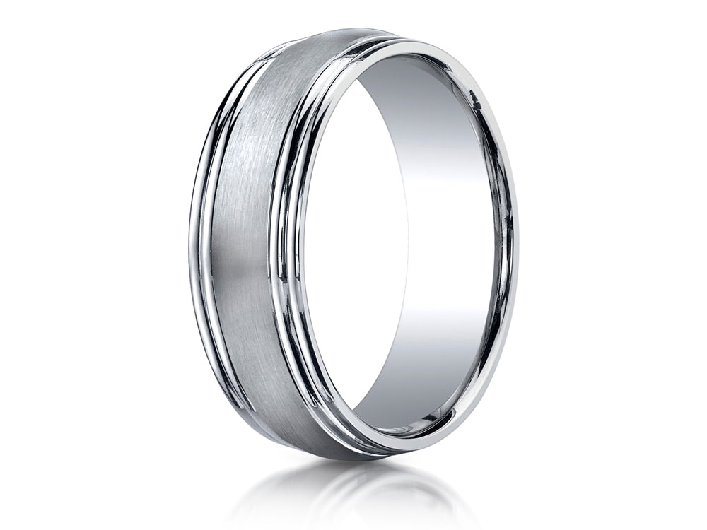 Benchmark 7.5mm Comfort-fit Satin-finished Double Round Edge Carved Design Wedding Band Ring