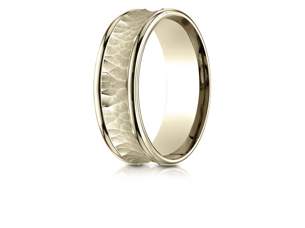 Benchmark 14k Gold 7.5mm Comfort Fit Hammered Finish Concave Center Design Wedding Band Ring
