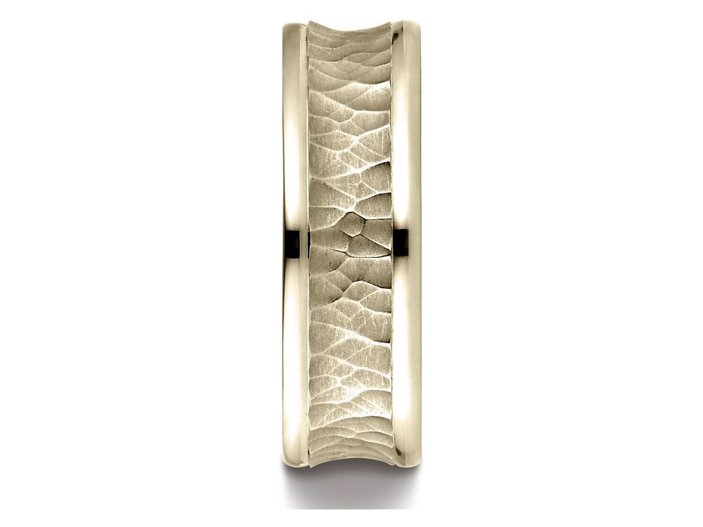 Benchmark 18k Gold 7.5mm Comfort Fit Hammered Finish Concave Center Design Wedding Band Ring